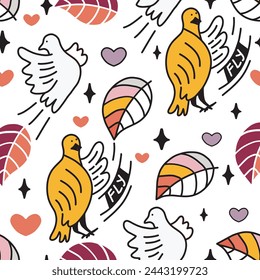 Patrón infantil sin costuras con pájaro dibujado a mano, hojas, corazón. Textura escandinava creativa de los niños del estilo para la tela, envoltura, textil, papel pintado, ropa. Ilustración de vector