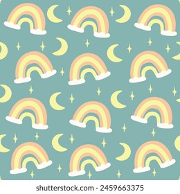Patrón infantil sin costuras con arco iris dibujado a mano y estrellas. Textura escandinava creativa de los niños.