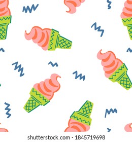 seamless childish pattern with hand-drawn ice cream vector illustration. Good for kids theme, paper, card, fabric, textile, stationary, wallpaper.