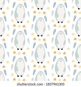 Seamless childish pattern with hand-drawn penguin vector illustration. Good for kids theme, fabric, textile, stationary, card, wallpaper.