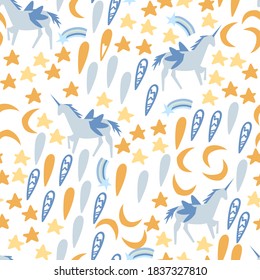 Seamless childish pattern with hand-drawn star, unicorn,rainbow vector illustration. Good for kids theme, fabrix, textile, stationary, card, wallpaper.