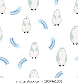 Patrón infantil sin inconfundibles con ilustración de la estrella dibujada a mano, arco iris y pingüino vectorial. Buena para los niños tema, tela, textil, papelería, carta, papel pintado.