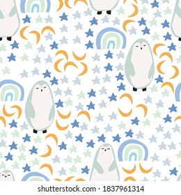 Seamless childish pattern with hand-drawn star, moon and penguin vector illustration. Good for kids theme, fabric, textile, stationary, card, wallpaper.