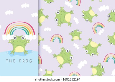 Seamless childish pattern with happy frog and the rainbow. Creative nursery background. Perfect for kids design, fabric, wrapping, wallpaper, textile, apparel