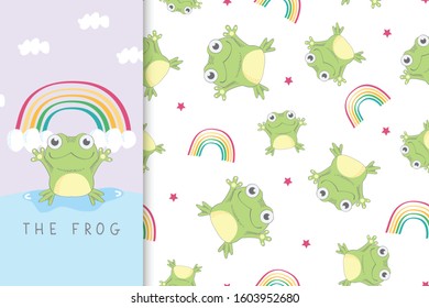 Seamless childish pattern with happy frog and the rainbow. Creative nursery background. Perfect for kids design, fabric, wrapping, wallpaper, textile, apparel