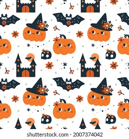 Seamless childish pattern for Happy Halloween with Pumpkins, ghosts, bats and magic elements isolated on white background. Autumn festive background with cartoon pumpkin. Print for holiday celebration