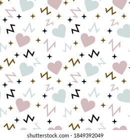 
Seamless childish pattern with hearts, zigzags and stars. Creative Scandinavian baby texture for fabric, packaging, textile, wallpaper, clothing. Vector illustration