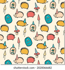 Seamless childish pattern with hedgehogs, mushroom and birthday cap.