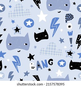 Seamless childish pattern with hero mask, flash, star, cloud. Creative kids texture for fabric, wrapping, textile, wallpaper, apparel. Vector illustration