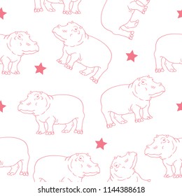 Seamless childish pattern with hippos and stars in pink and white style. Creative  kids texture for fabric, wrapping, textile, wallpaper, apparel. Vector pattern isolated on background