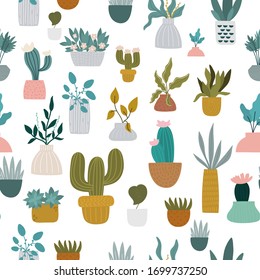 Seamless childish pattern with home plants, cactuses, succulents. Hand drawn texture for fabric, wrapping paper, nursery textile, wallpaper. Vector illustration