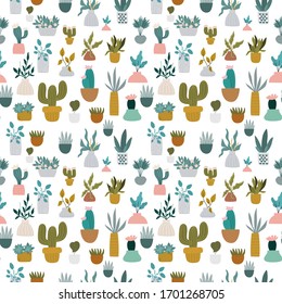 Seamless childish pattern with home plants, cactuses, succulents. Hand drawn texture for fabric, wrapping paper, nursery textile, wallpaper. Vector illustration