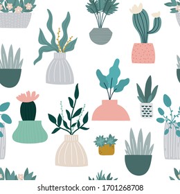 Seamless childish pattern with home plants, cactuses, succulents. Hand drawn texture for fabric, wrapping paper, nursery textile, wallpaper. Vector illustration