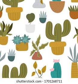 Seamless childish pattern with home plants, cactuses, succulents. Hand drawn texture for fabric, wrapping paper, nursery textile, wallpaper. Vector illustration