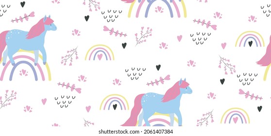 Seamless childish pattern with horses, flowers, hearts, rainbow. Creative kids texture for fabric, wrapping, textile, wallpaper, apparel. Vector illustration