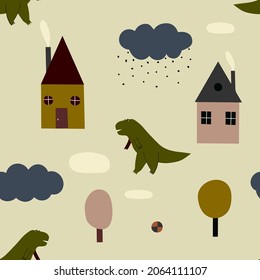 Seamless childish pattern with houses, trees, dinosaurs,ball, and clouds. Nordic nature landscape concept. Perfect for kids fabric, textile, nursery wallpaper. Vector illustration in minimalistic styl