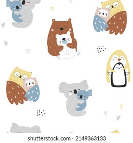 Seamless childish pattern with hugging animals. Kids cute texture for fabric, textile. Vector illustration