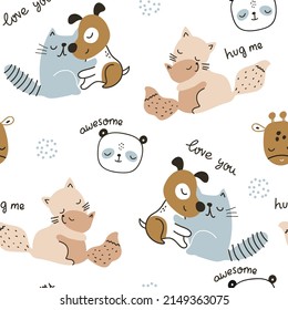 Seamless childish pattern with hugging cats and dogs. Kids cute texture for fabric, textile. Vector illustration