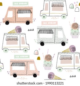 Seamless childish pattern with ice cream trucks. Summer creative texture, Great for fabric, textile, wallpaper.