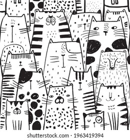 Seamless childish pattern with ink  drawn cats. Creative kids hand drawn texture for fabric, wrapping, textile, wallpaper, apparel. Vector illustration