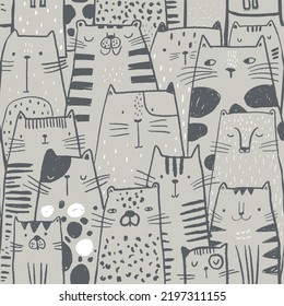 Seamless childish pattern with ink  drawn cats. Creative kids hand drawn texture for fabric, wrapping, textile, wallpaper, apparel. Vector illustration