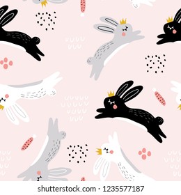 Seamless childish pattern with jumping rabbits in crown. Creative nursery texture. Perfect for kids design, fabric, wrapping, wallpaper, textile, apparel