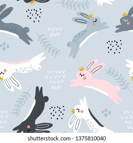 Patrón infantil impecable con conejos saltando en la corona. Textura creativa de vivero. Perfecto para niños diseño, tela, envoltura, papel pintado, textiles, prendas de vestir