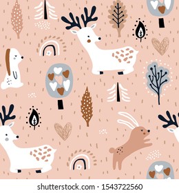 Seamless childish pattern with jumping rabbits, deers in the forest. Creative woodland texture for fabric, wrapping, textile, wallpaper, apparel. Vector illustration