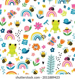 Seamless childish pattern with ladybird and flowers with leaves in cartoon style. Perfect for wallpaper, fabric texture, wrapping paper