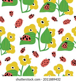 Seamless childish pattern with ladybird and flowers with leaves in cartoon style. Perfect for wallpaper, fabric texture, wrapping paper