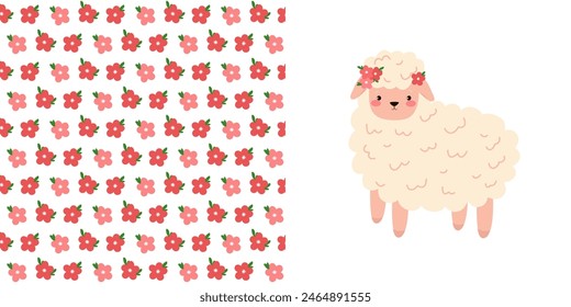 Seamless childish pattern with a lamb and flowers .Great for baby fabric, textiles, wallpaper, postcards. Vector illustration for posters, T-shirt print.