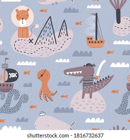 Seamless childish pattern with lion, alligator, octopus pirates. Cute marine kids texture for fabric, wrapping, textile, wallpaper, apparel. Vector background.