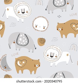 Seamless childish  pattern with lion, elephant, bear, sun,moon. Perfect for fabric,textile. Creative Vector background