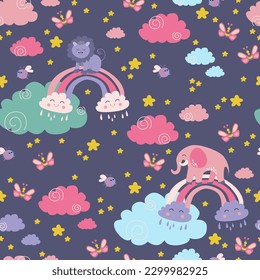 Patrón infantil sin foco con león, elefante, mariposa, nubes, arco iris y estrellas. Textura infantil creativa para tela, envoltura, textil, papel pintado, vestimenta Ilustración vectorial
