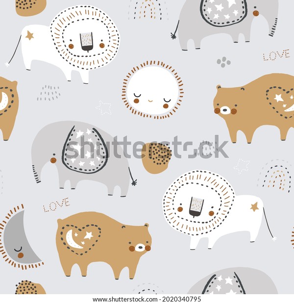 Seamless\
childish  pattern with lion, elephant, bear, sun,moon. Perfect for\
fabric,textile. Creative Vector\
background
