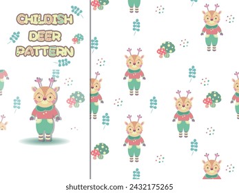 Seamless childish pattern with little deers. Forest pattern with cute woodland animals, mushrooms, and flora. Perfect for kids design, fabric, baby shower, textile, children room decoration.