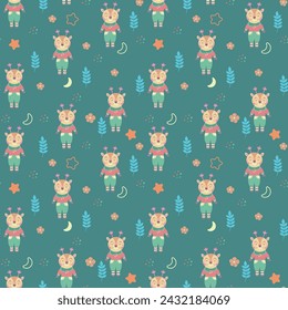 Patrón infantil sin costuras con pequeños ciervos. Patrón de bosque con lindos animales de bosque, estrellas y flora. Perfecto para el diseño de los niños, diseño de envoltura, baby shower, textil, decoración de la habitación del bebé.