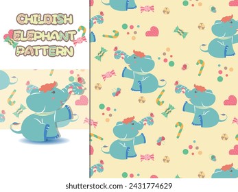 Patrón infantil sin costuras con pequeños elefantes. Patrón colorido con caramelos, galletas, mariposas y flora. Perfecto para el diseño de los niños, tela, ducha de bebé, decoración de la habitación de los niños, papel pintado.