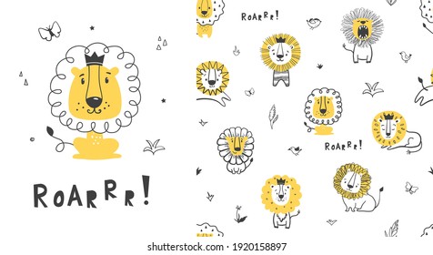 Seamless childish pattern with little lion, king of  jungle.  Cute vector texture for kids bedding, fabric, wallpaper, wrapping paper, textile, t-shirt print