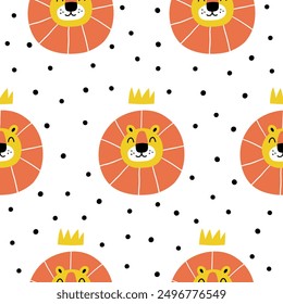 Seamless childish pattern with little lion. Cute texture for kids bedding, fabric, wallpaper, textile. Vector illustration