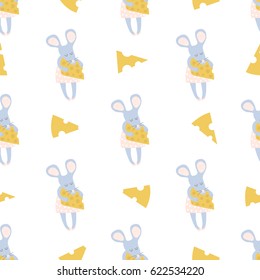 Seamless childish pattern with little mouse and cheese.Vector nursery background