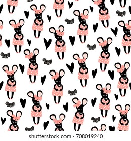 Seamless childish pattern with little mouse and cheese.Vector nursery background