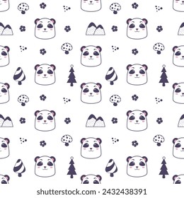 Seamless childish pattern with little pandas. Pattern with trees, mushrooms and floral. Perfect for kids design, baby shower, children room decoration, greeting card design, wrapping design.