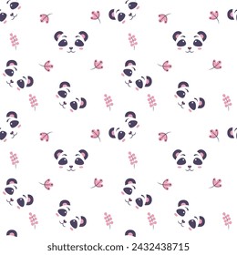 Seamless childish pattern with little pandas. White pattern with trees and floral. Perfect for kids design, fabric, baby shower, children room decoration, textile pattern, greeting card design.