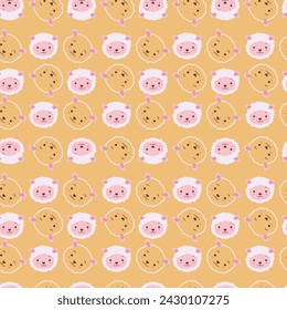 Nahtloses kindisches Muster mit kleinen Schafen. Orange Hintergrund. Emoji-Vektor. Perfekt für Kinderdesign, Stoff, Verpackung, Tapete, Textil.