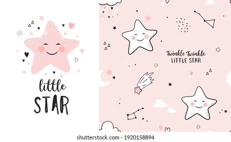 Seamless childish pattern with little  star in pink sky. Cute vector texture for kids bedding, fabric, wallpaper, wrapping paper, textile, t-shirt print