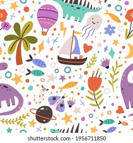 Seamless childish pattern with mix of cute animals, objects, flowers, plants and spots on white background. Endless repeatable texture for printing. Colored flat vector illustration for children