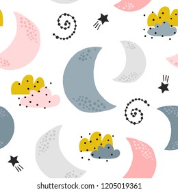 Seamless childish pattern with moons, clouds, stars. Creative kids texture for fabric, wrapping, textile, wallpaper, apparel. Vector illustration