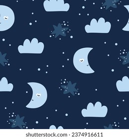 Seamless childish pattern with moons, clouds, stars.