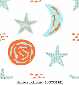 Seamless childish pattern with moons and stars. Cartoon vector illustration in scandinavian style.  Creative kids texture for fabric, wrapping, textile, wallpaper, apparel. 